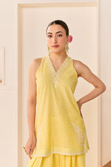 MIRAL - LEMON YELLOW SHORT KURTA WITH FARSI SALWAR AND DUPATTA