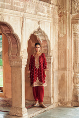 MEHWISH - DEEP RED SHORT KURTA WITH SALWAR AND DUPATTA