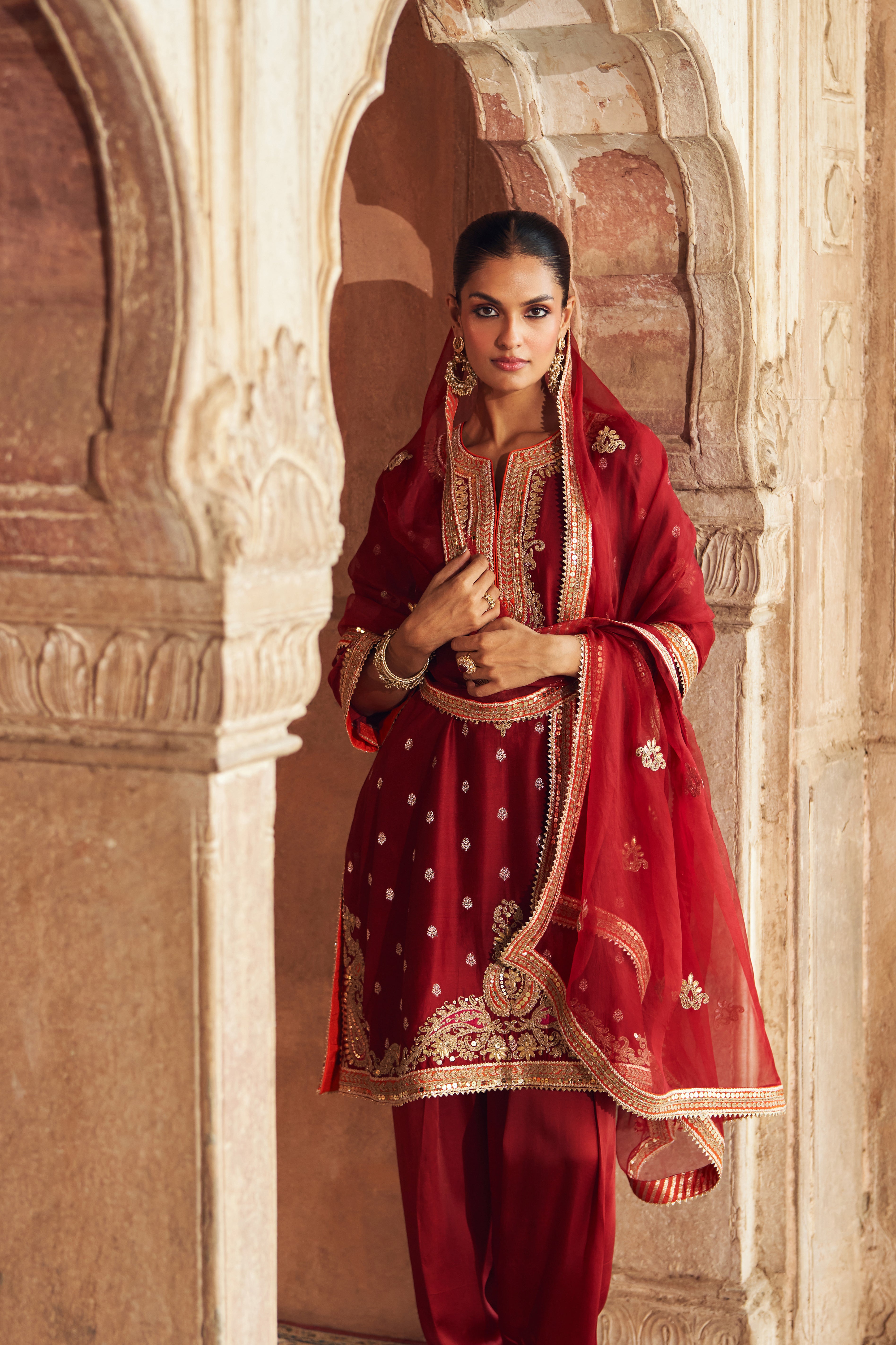 MEHWISH - DEEP RED SHORT KURTA WITH SALWAR AND DUPATTA