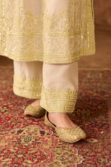 ENA - DAISY IVORY WITH MINT GREEN LONG A-LINE KURTA WITH PALAZZO AND DUPATTA