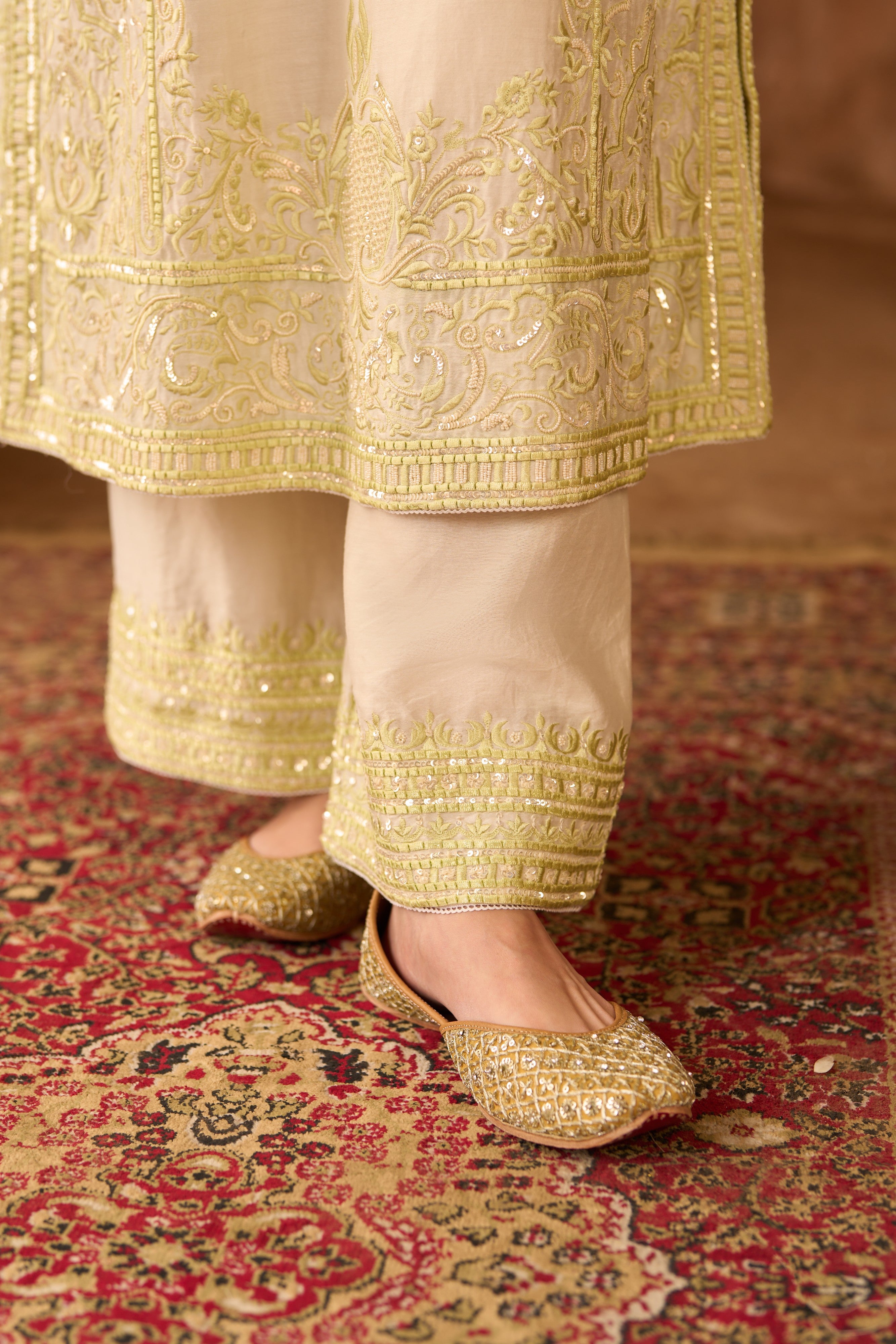 ENA - DAISY IVORY WITH MINT GREEN LONG A-LINE KURTA WITH PALAZZO AND DUPATTA