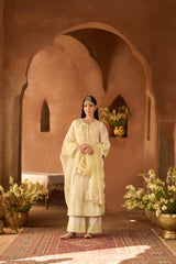 ENA - DAISY IVORY WITH MINT GREEN LONG A-LINE KURTA WITH PALAZZO AND DUPATTA