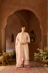 NURVI - DAISY IVORY WITH PINK LONG A-LINE KURTA WITH PALAZZO AND DUPATTA