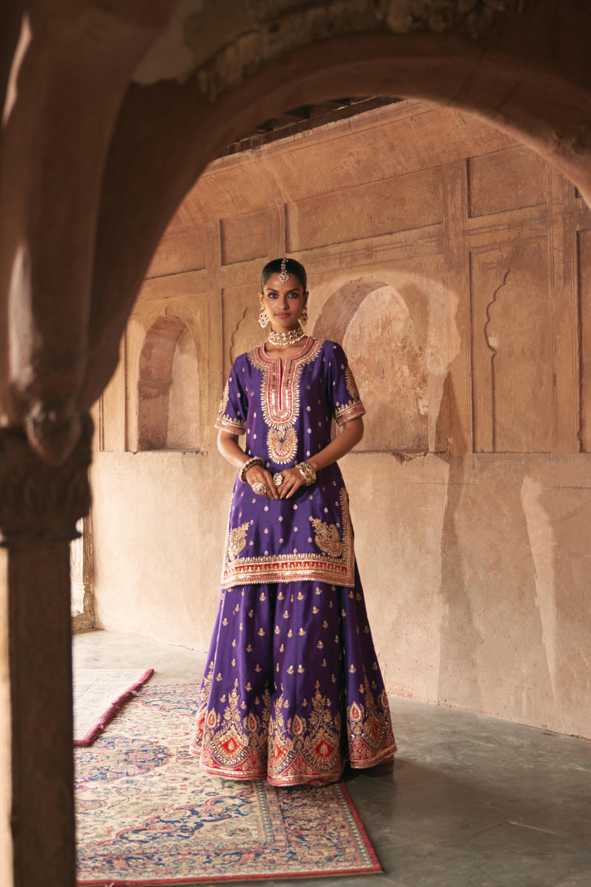 AREESHA - DEEP PURPLE SHORT KURTA WITH SHARARA AND DUPATTA