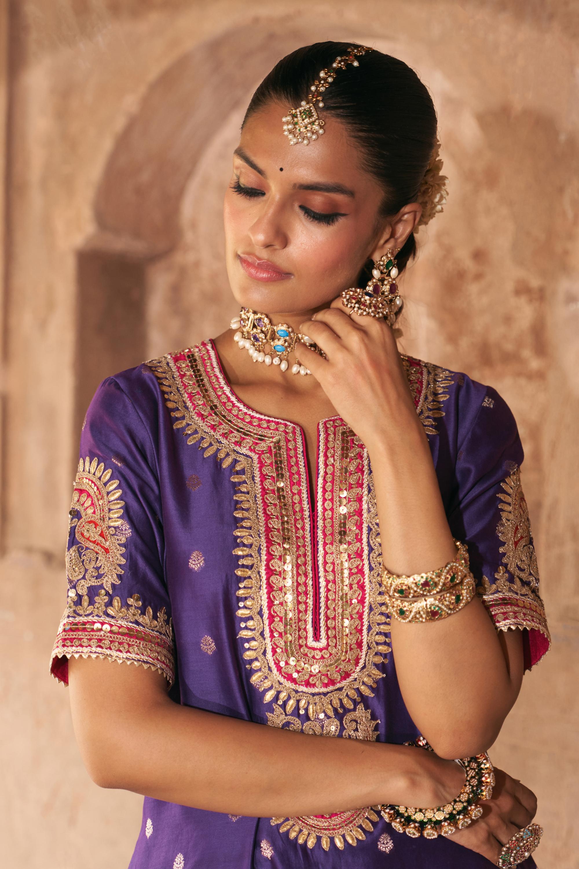 AREESHA - DEEP PURPLE SHORT KURTA WITH SHARARA AND DUPATTA