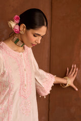 ENA - DAISY IVORY WITH PINK LONG A-LINE KURTA WITH PALAZZO AND DUPATTA