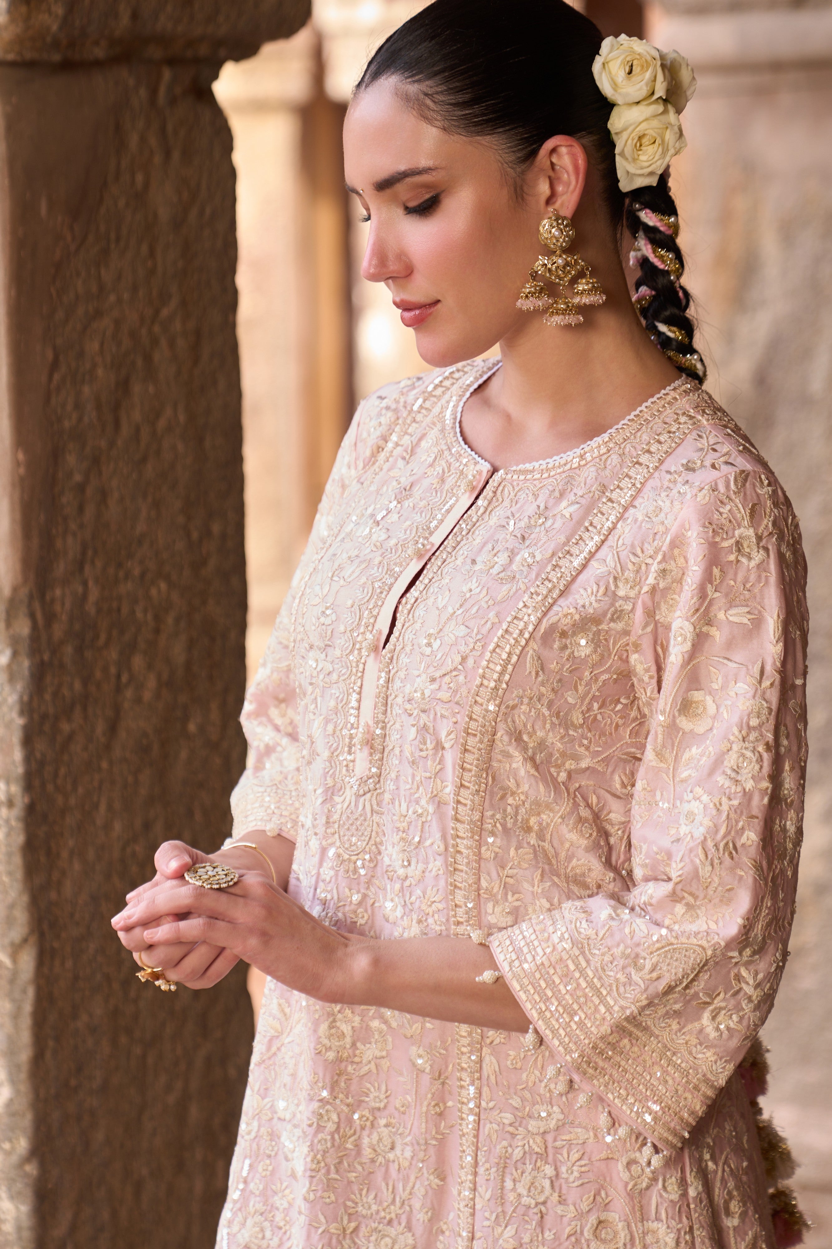 SABOOR - PINK SHORT A-LINE KURTA WITH STRAIGHT PANTS AND DUPATTA