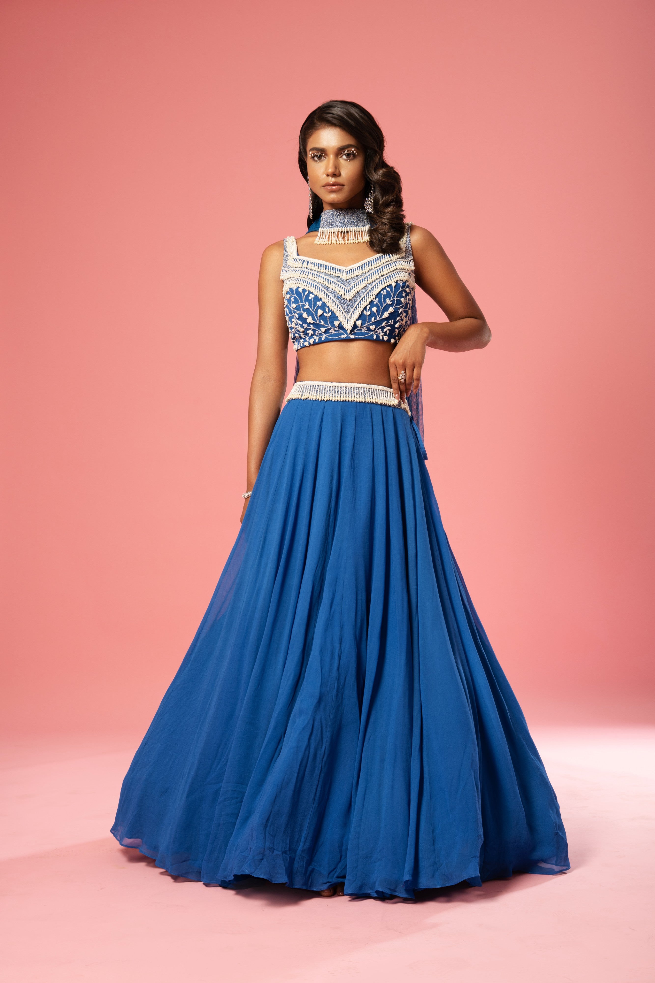 Blue pearl work lehenga with choker style dupatta