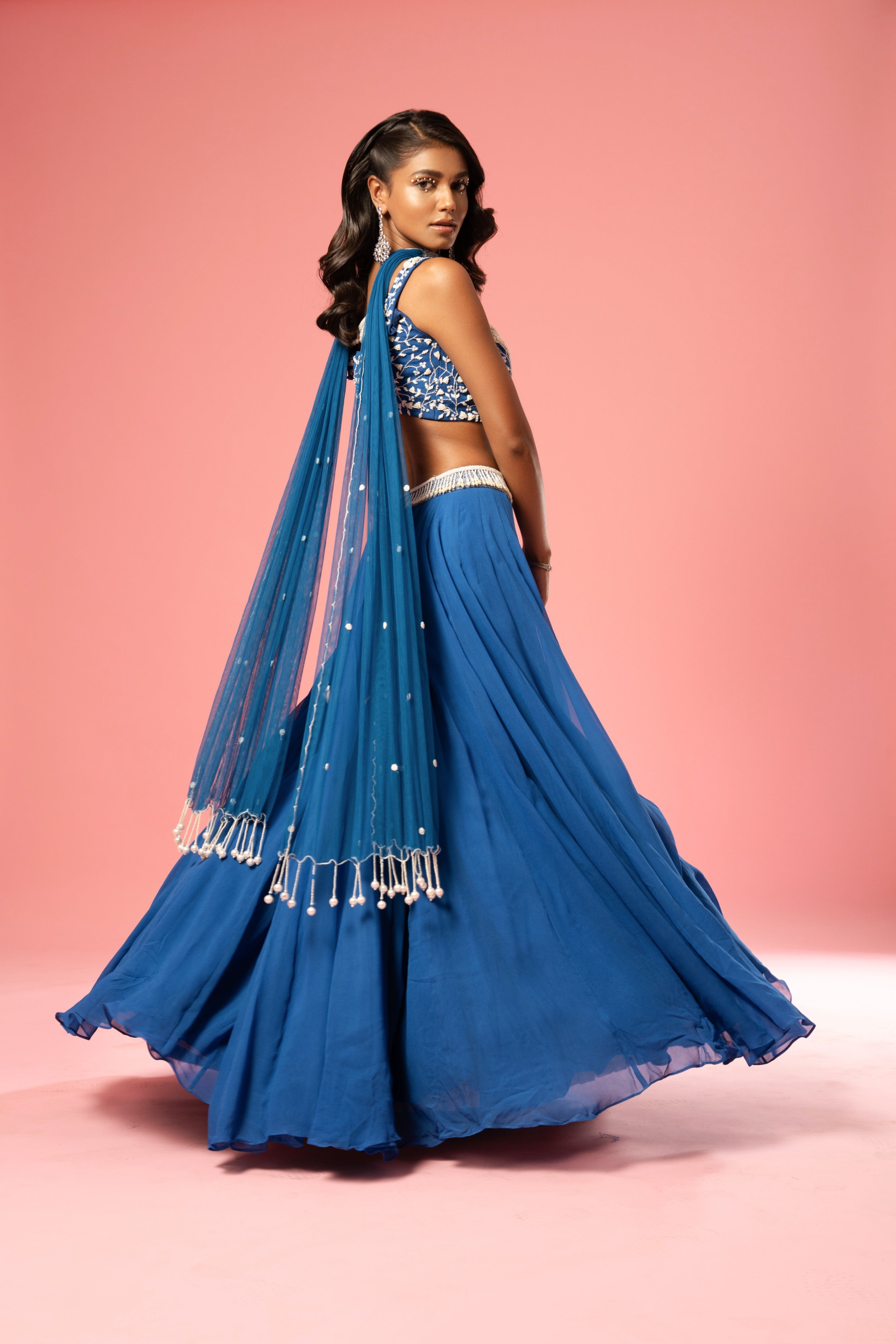 Blue pearl work lehenga with choker style dupatta