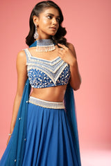 Blue pearl work lehenga with choker style dupatta
