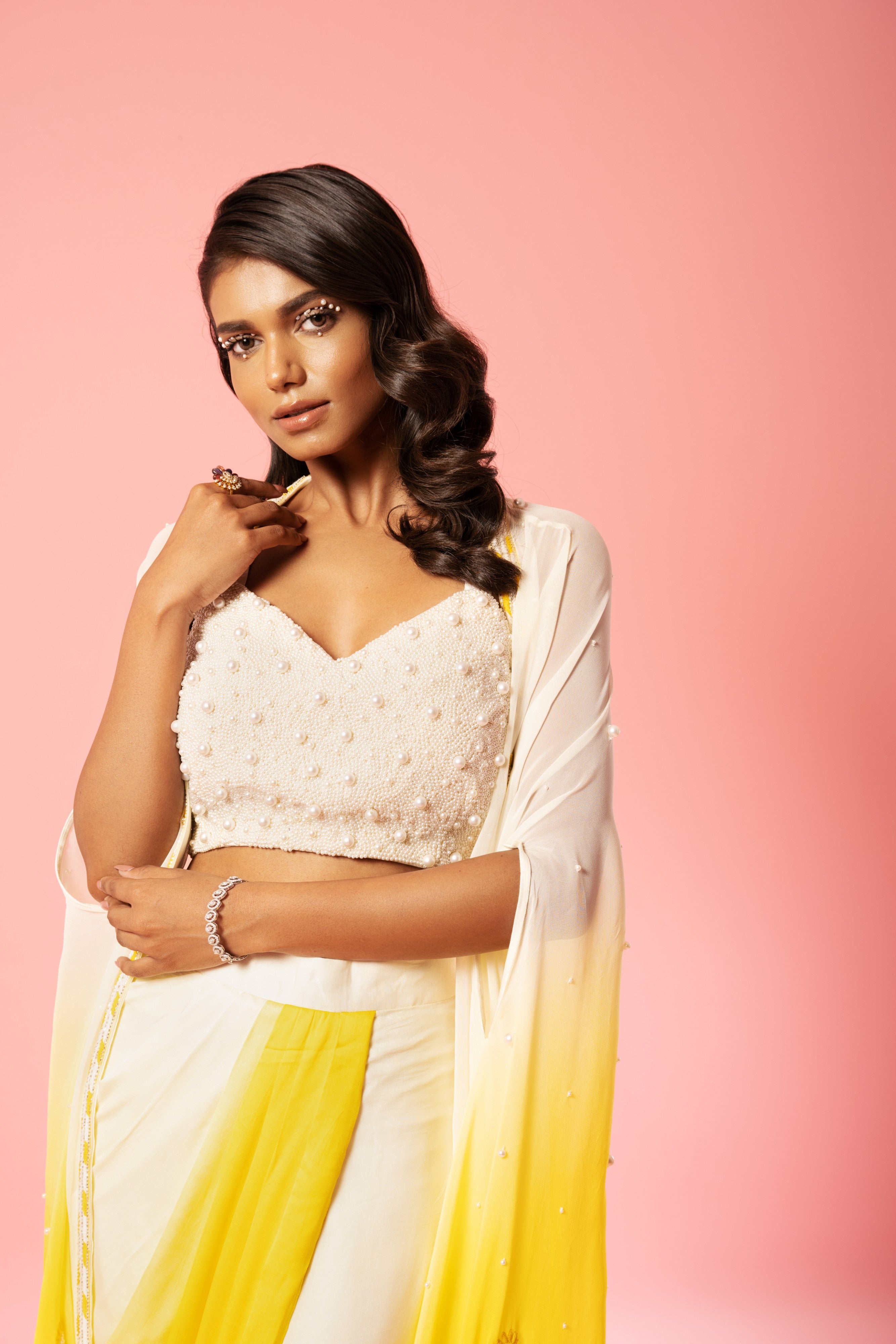 Ivory yellow ombre dhoti set