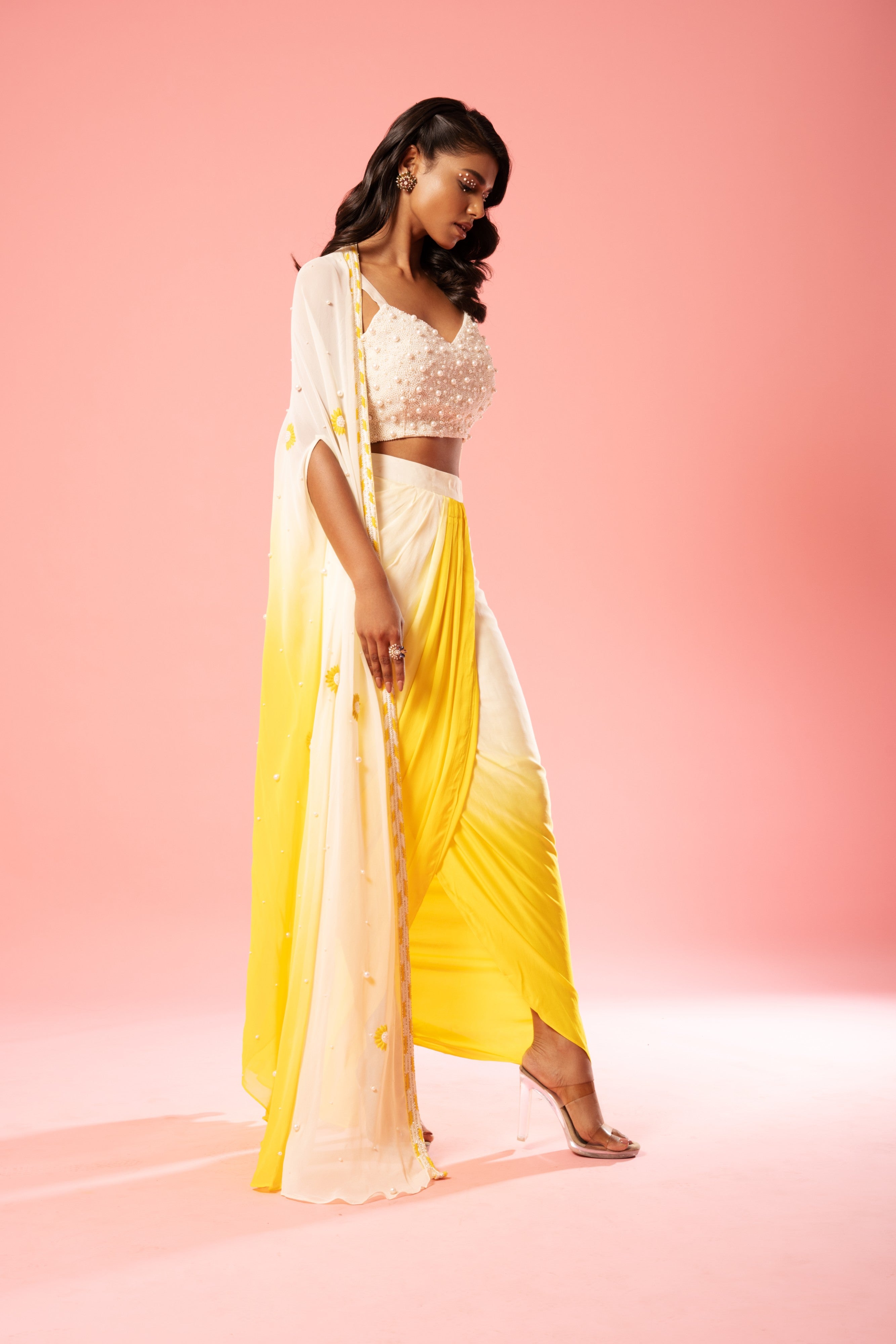 Ivory yellow ombre dhoti set