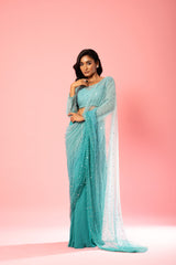 Teal and Powder Blue Ombre Pre-Stitched Saree