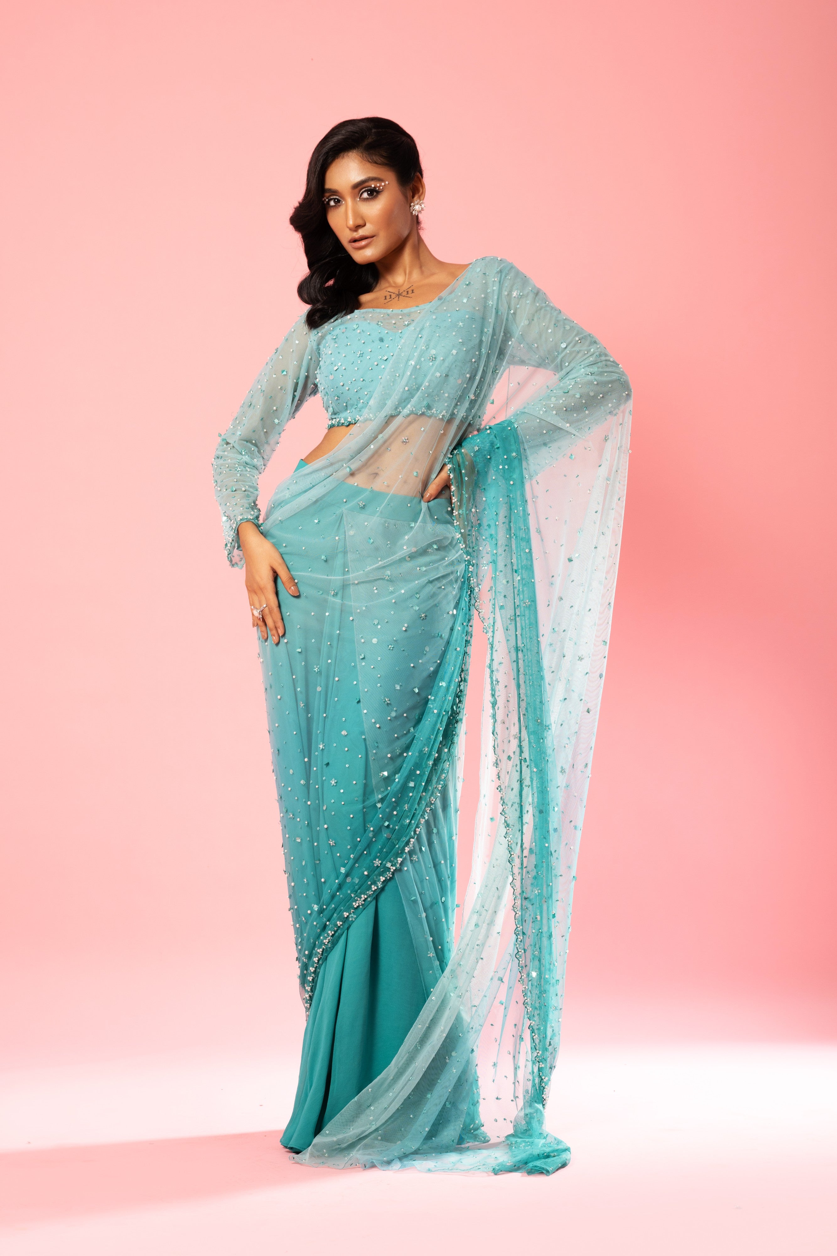 Teal and Powder Blue Ombre Pre-Stitched Saree