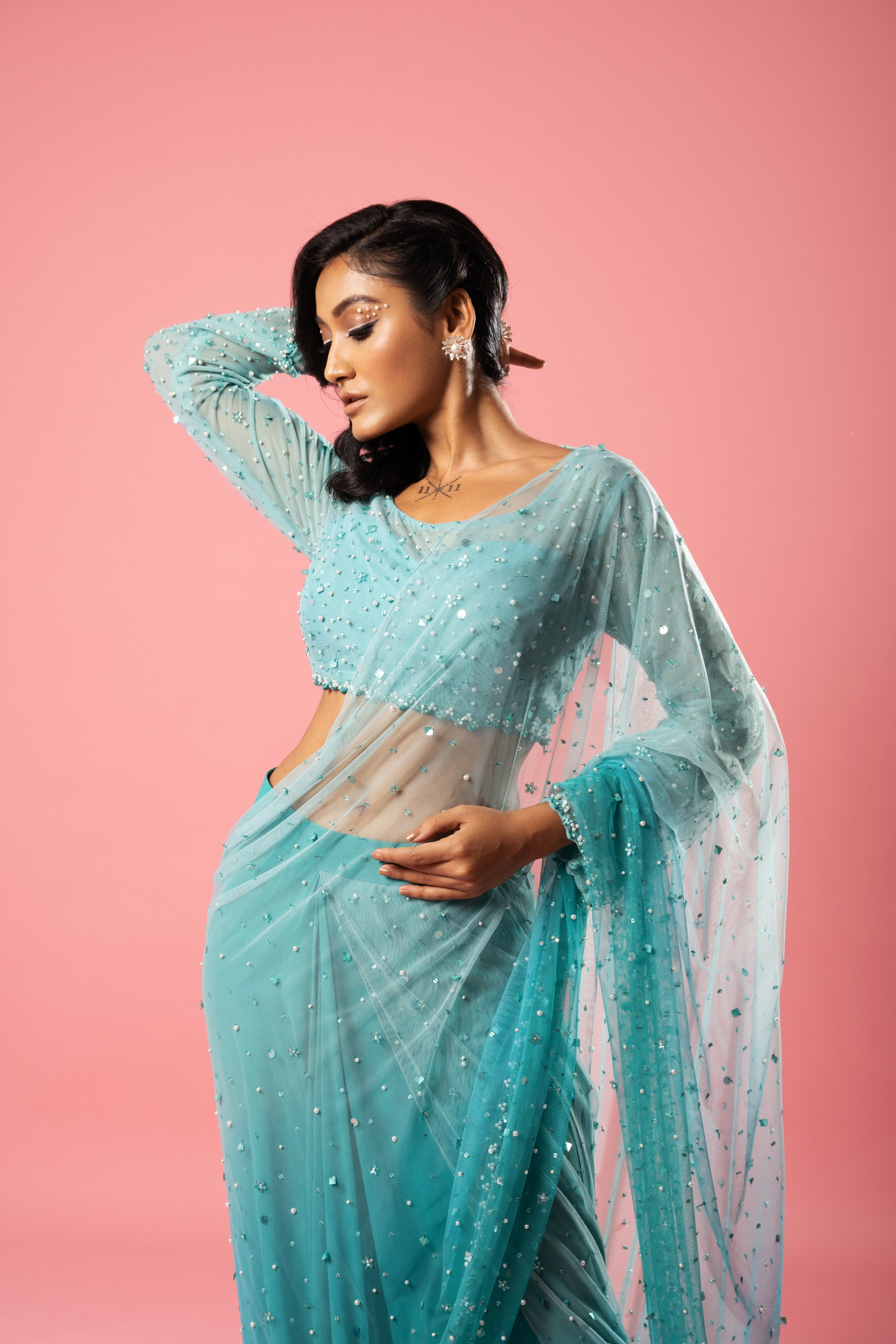 Teal and Powder Blue Ombre Pre-Stitched Saree