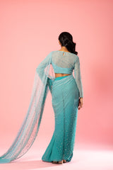 Teal and Powder Blue Ombre Pre-Stitched Saree