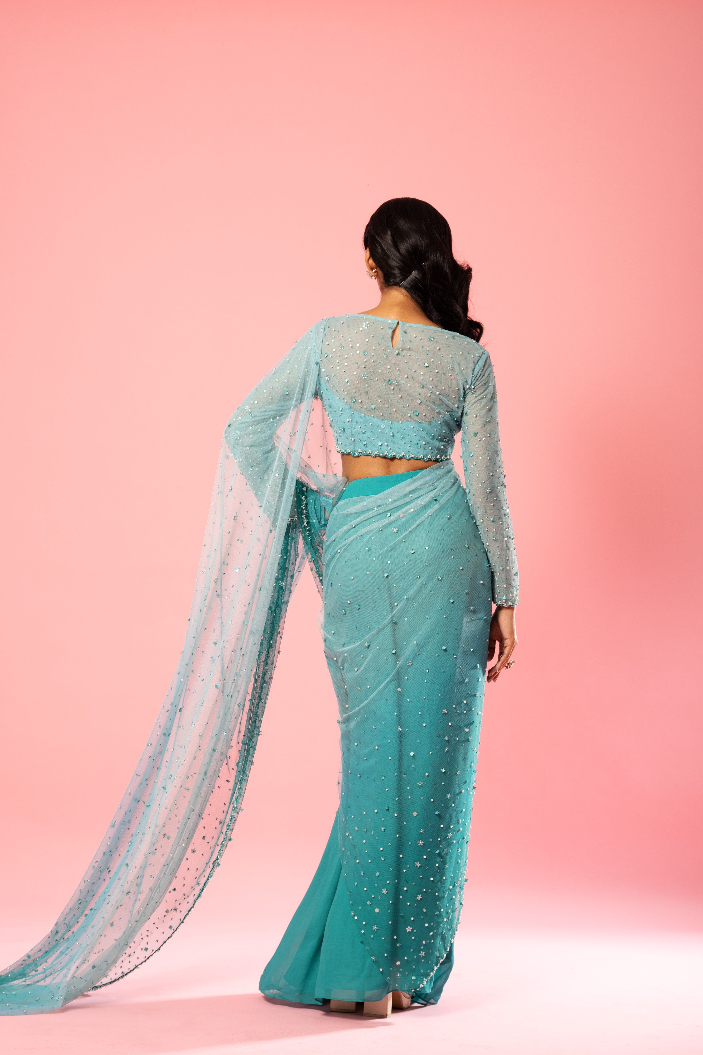 Teal and Powder Blue Ombre Pre-Stitched Saree
