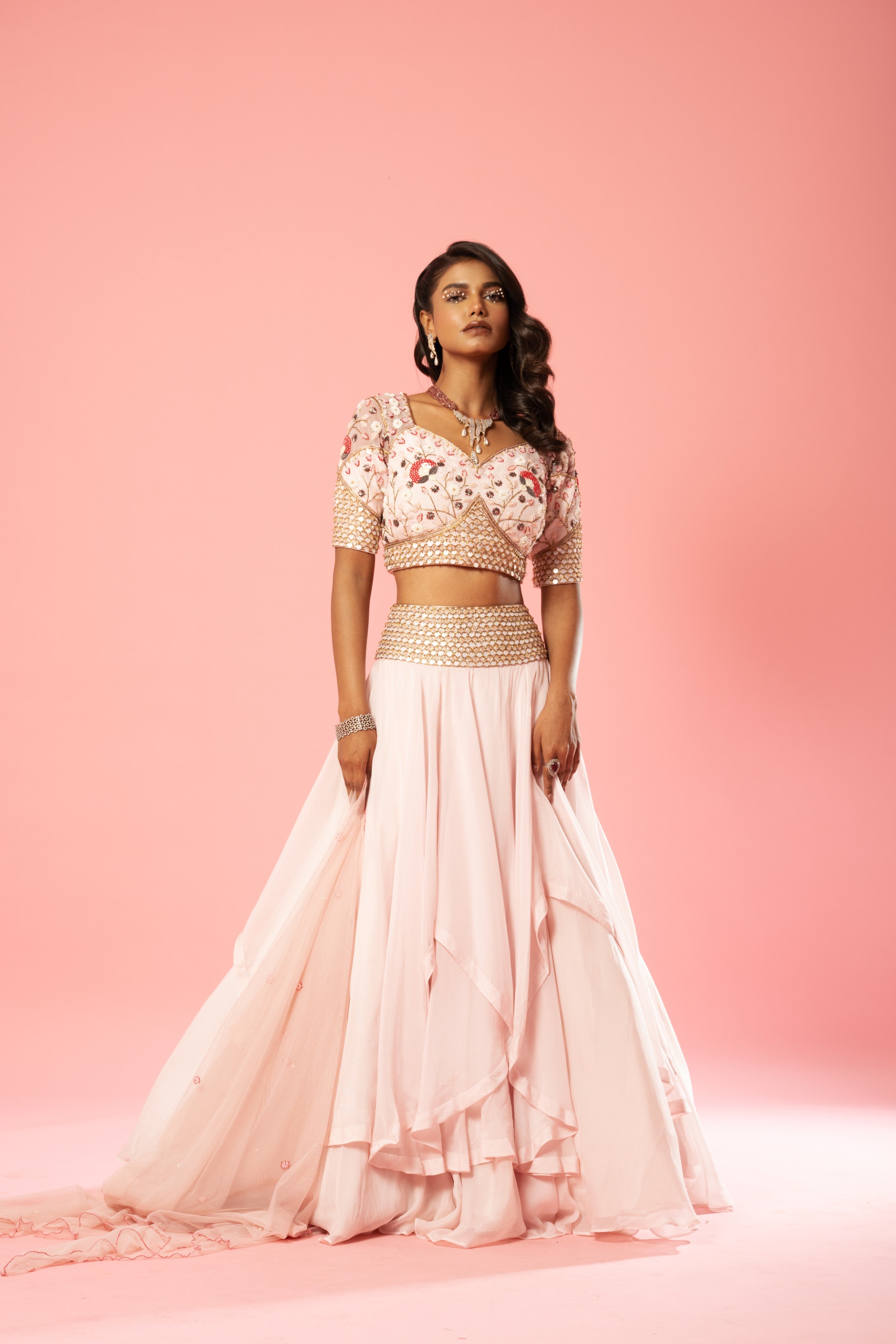 Baby pink organza lehenga set