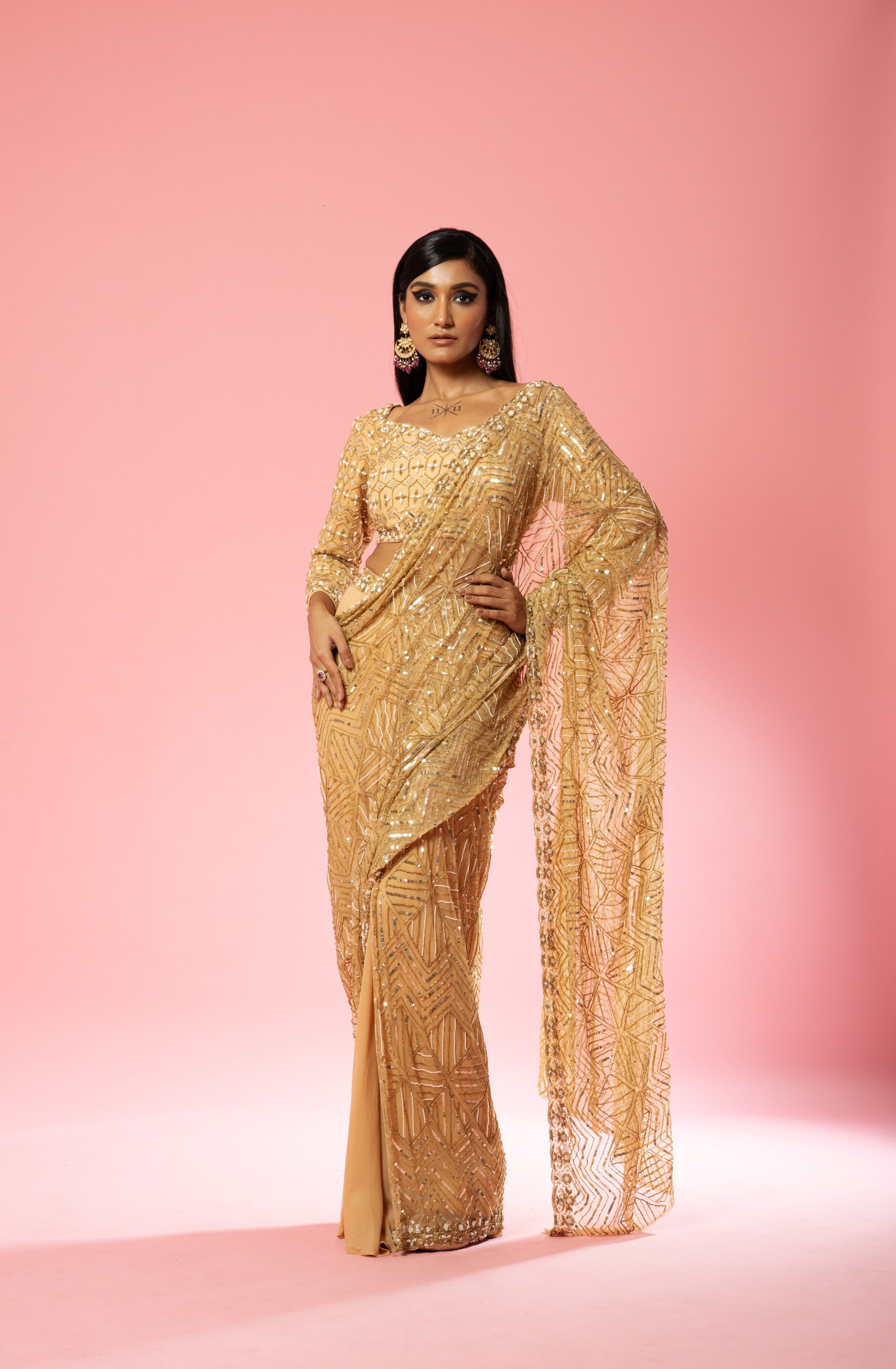 Golden Hand-Embroidered Pre-Stitched Saree