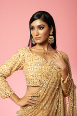 Golden Hand-Embroidered Pre-Stitched Saree