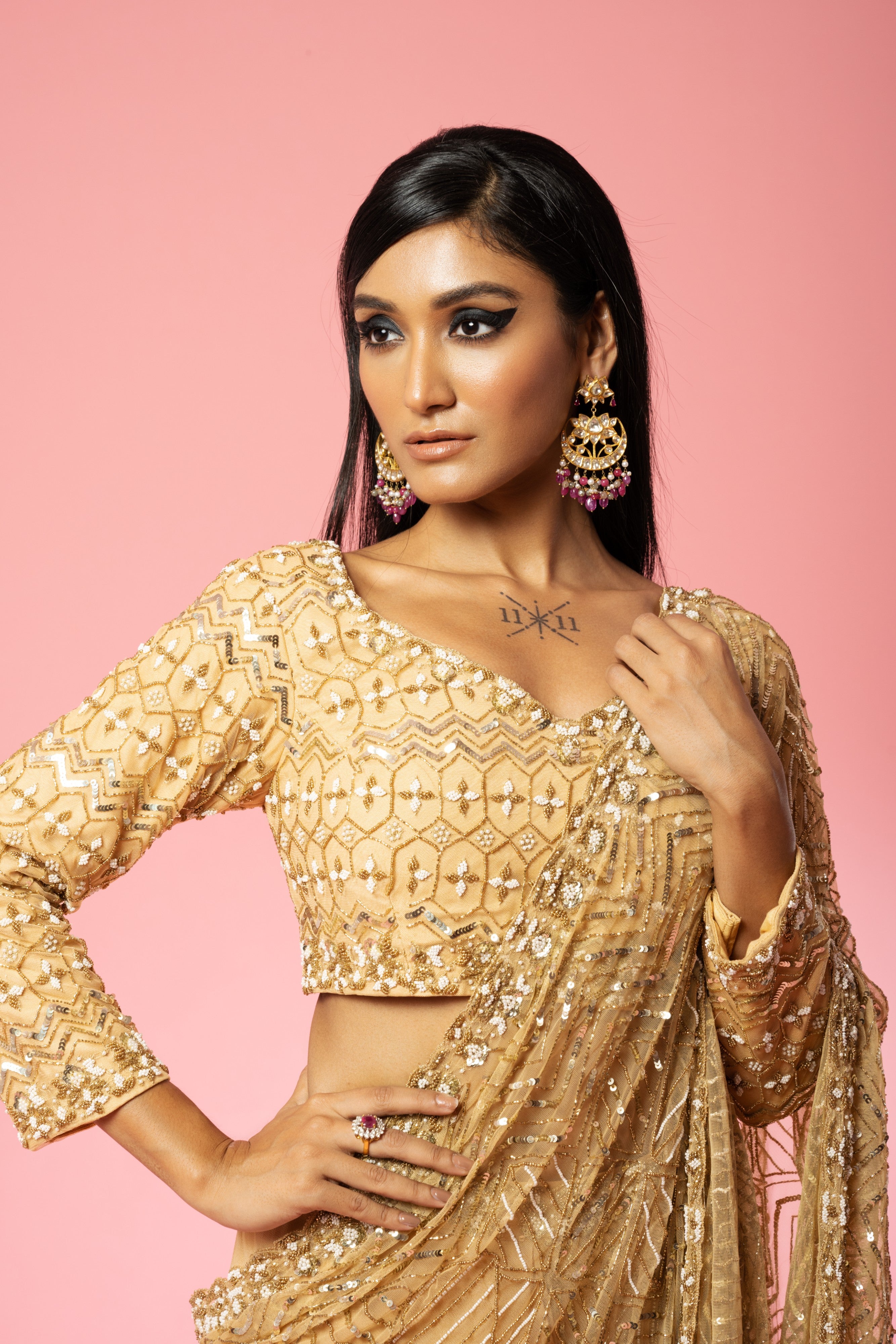 Golden Hand-Embroidered Pre-Stitched Saree