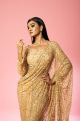 Golden Hand-Embroidered Pre-Stitched Saree