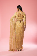 Golden Hand-Embroidered Pre-Stitched Saree