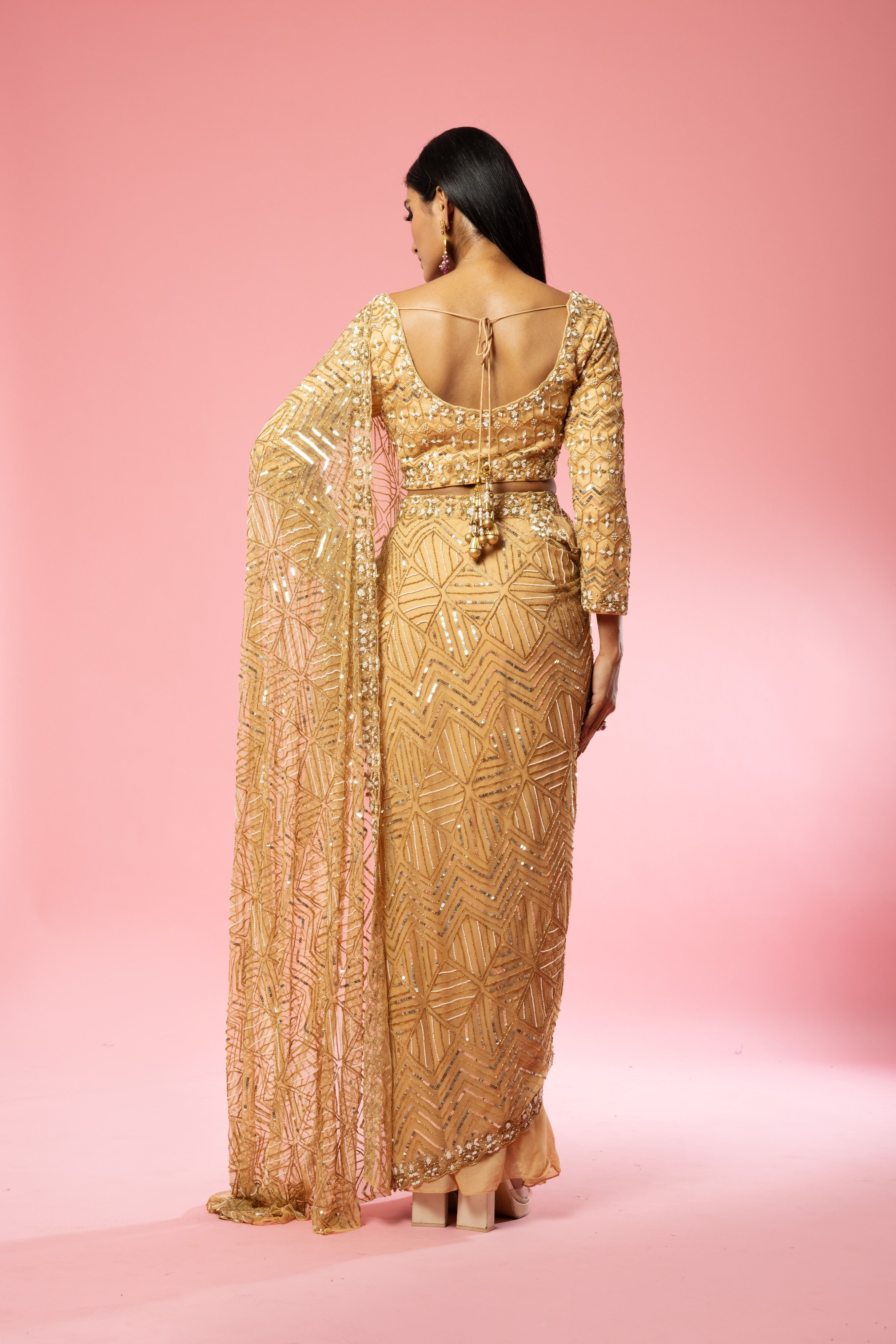 Golden Hand-Embroidered Pre-Stitched Saree