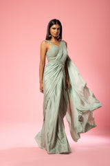 Sage Green Hand-Embroidered Saree