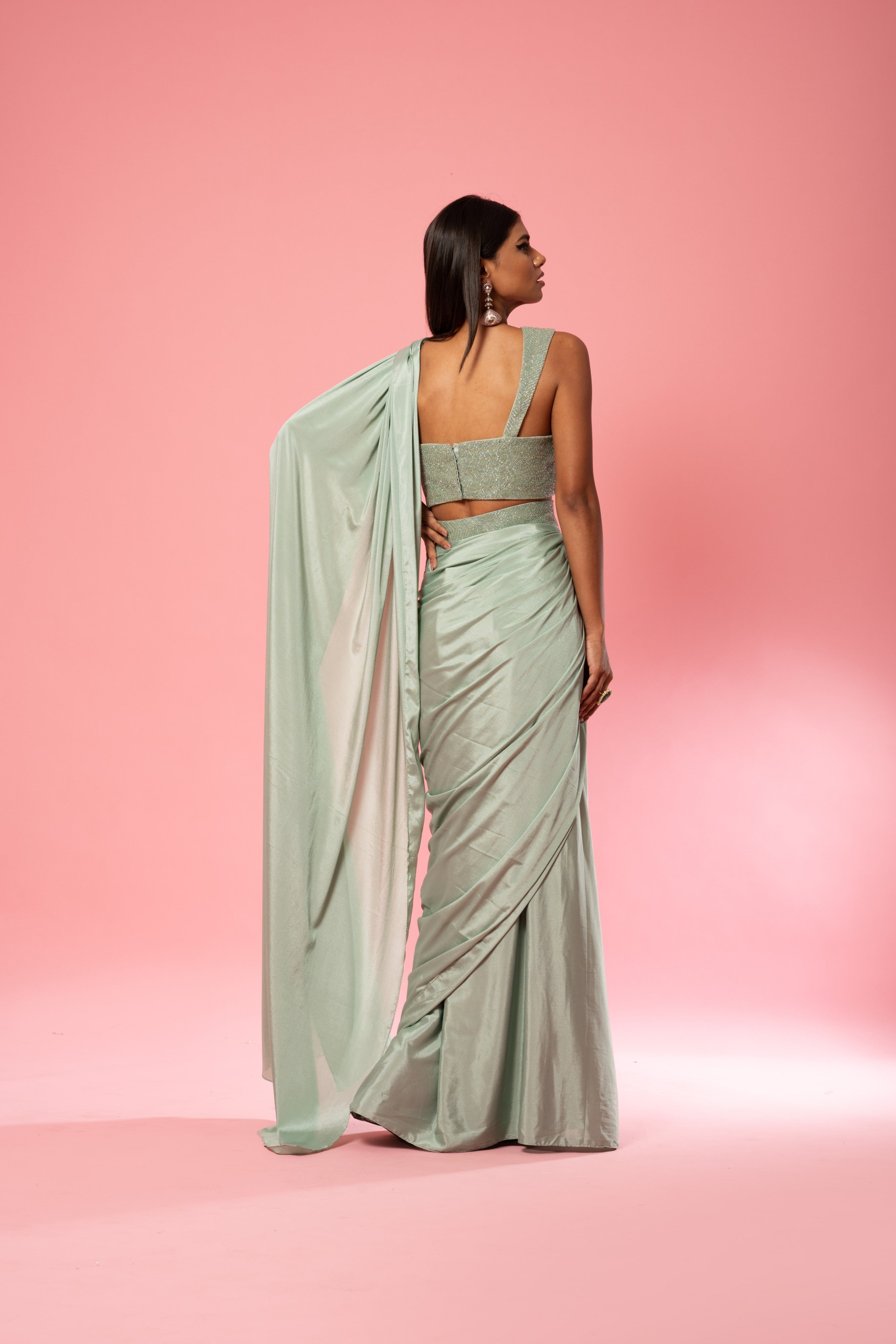 Sage Green Hand-Embroidered Saree
