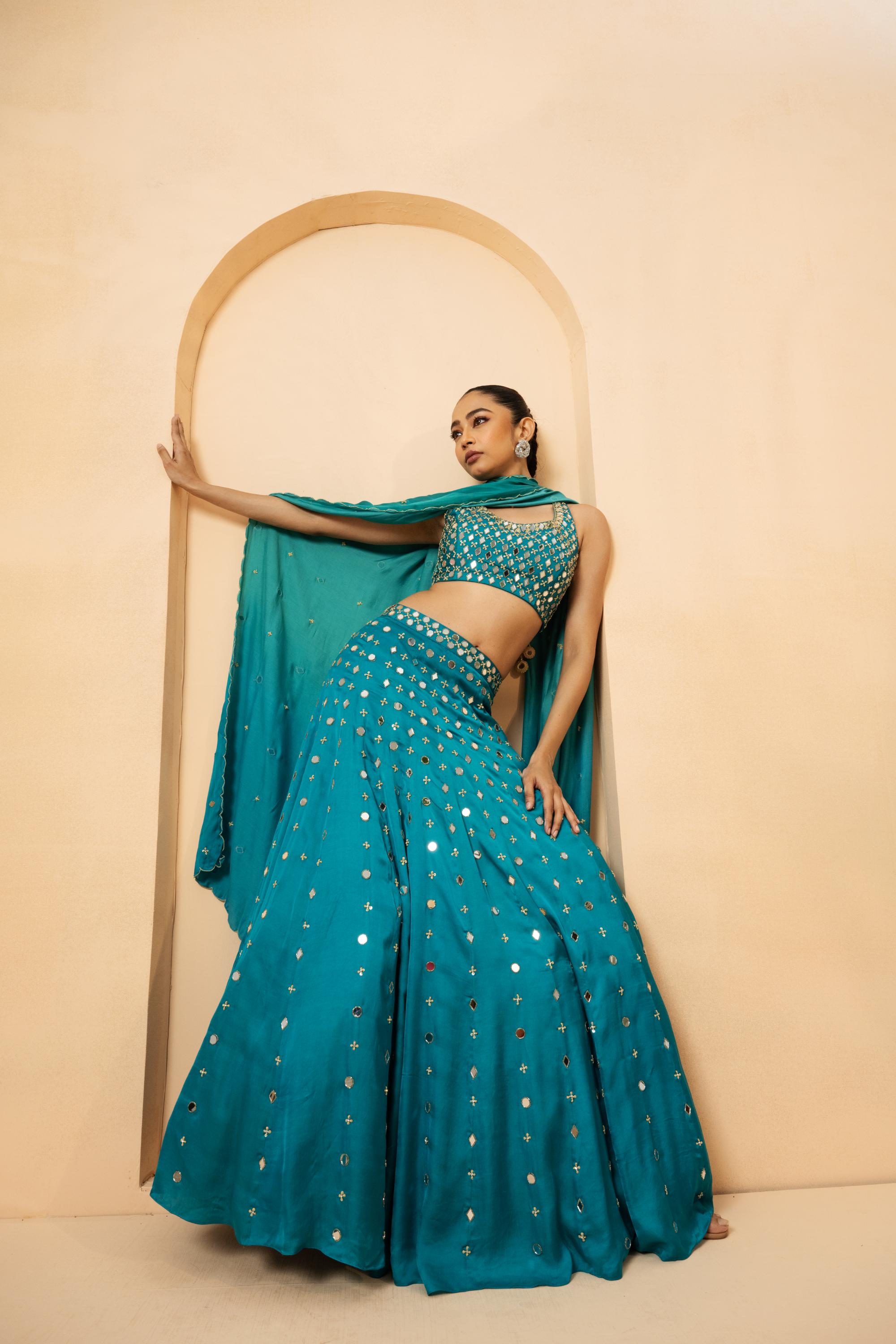 Turquoise mirror lehenga set