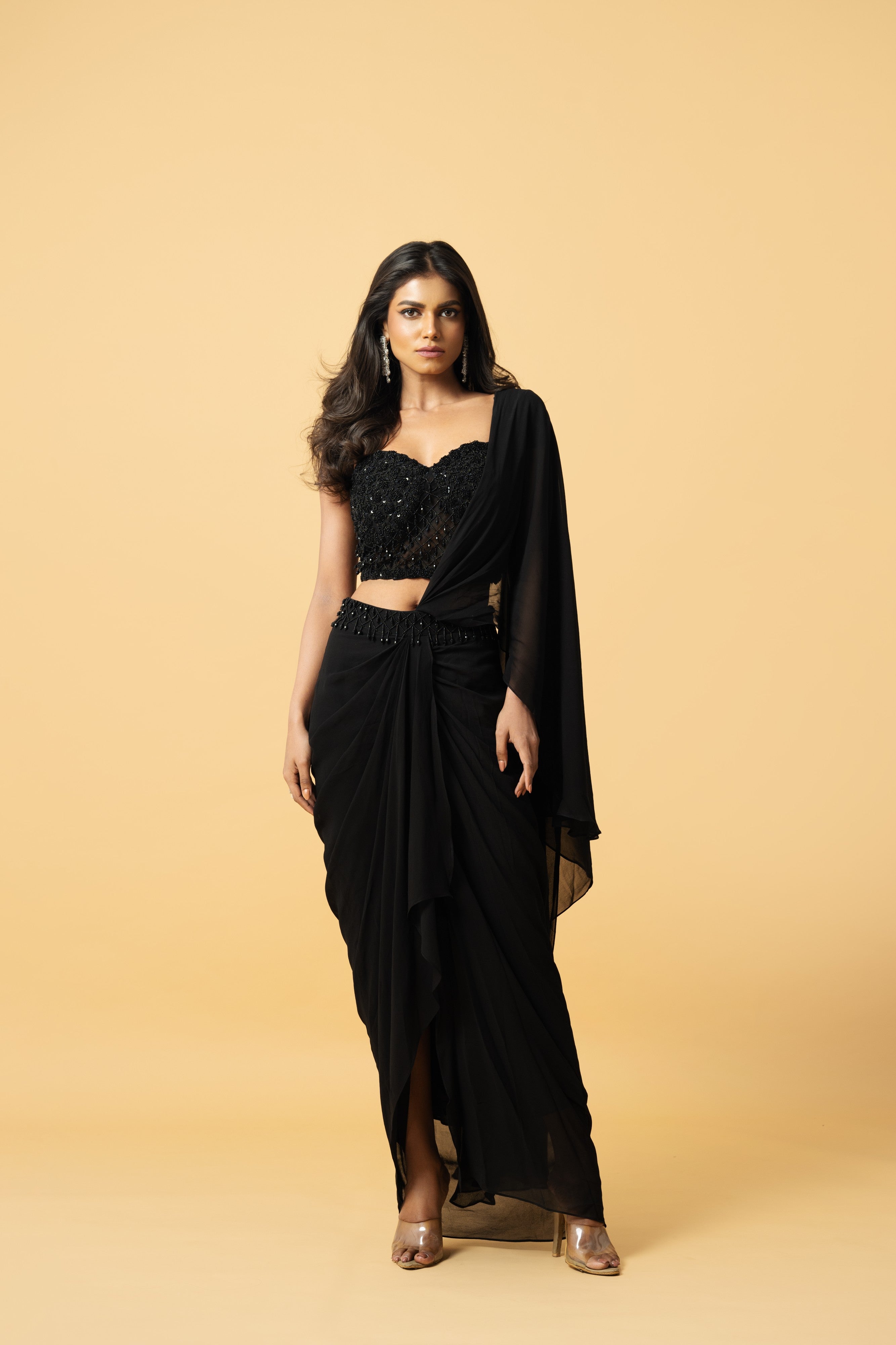 Black georgette saree with hand embroidered blouse