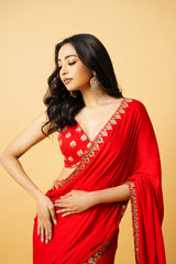 Red Modal Satin Saree with Hand-Embroidered Blouse