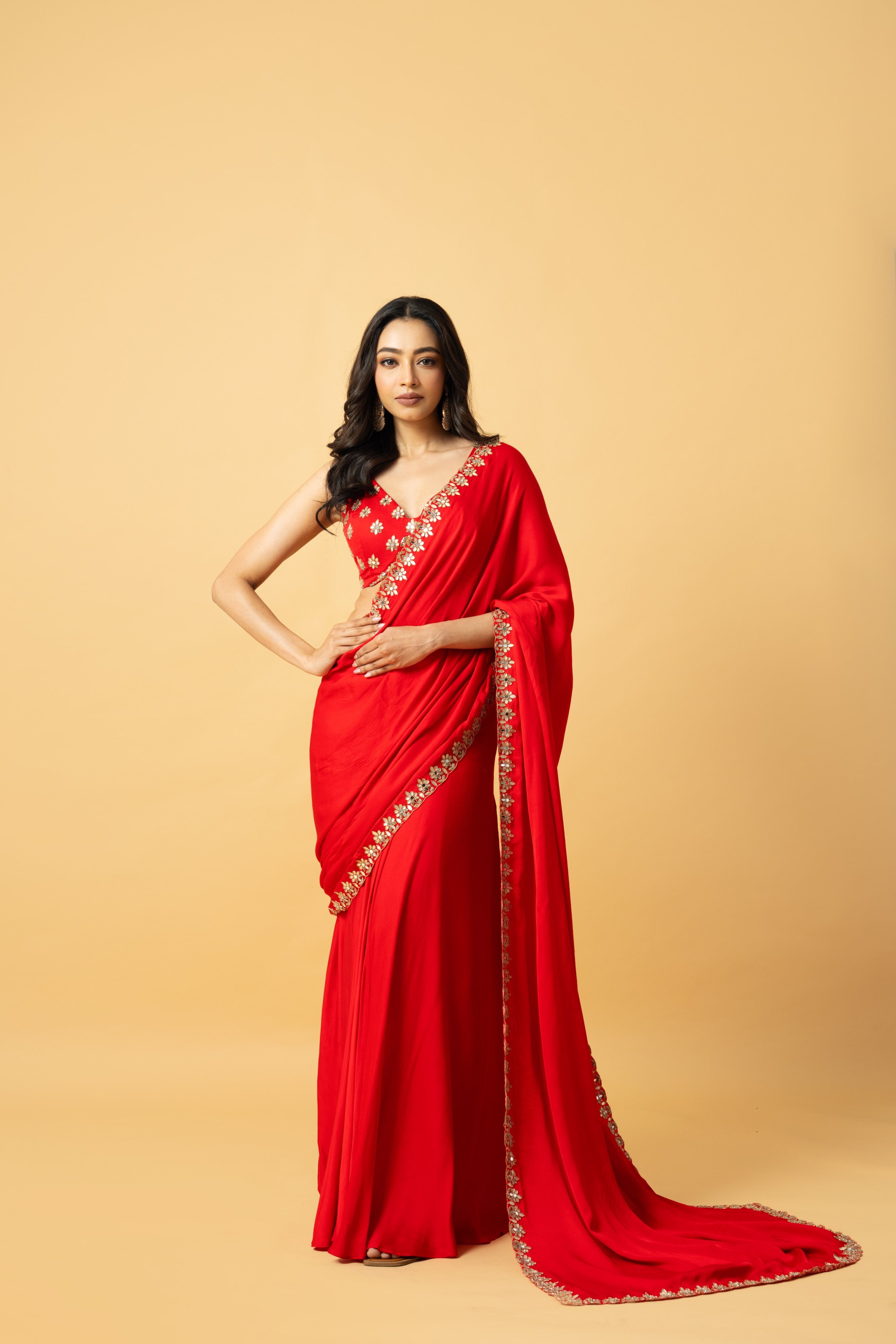 Red Modal Satin Saree with Hand-Embroidered Blouse