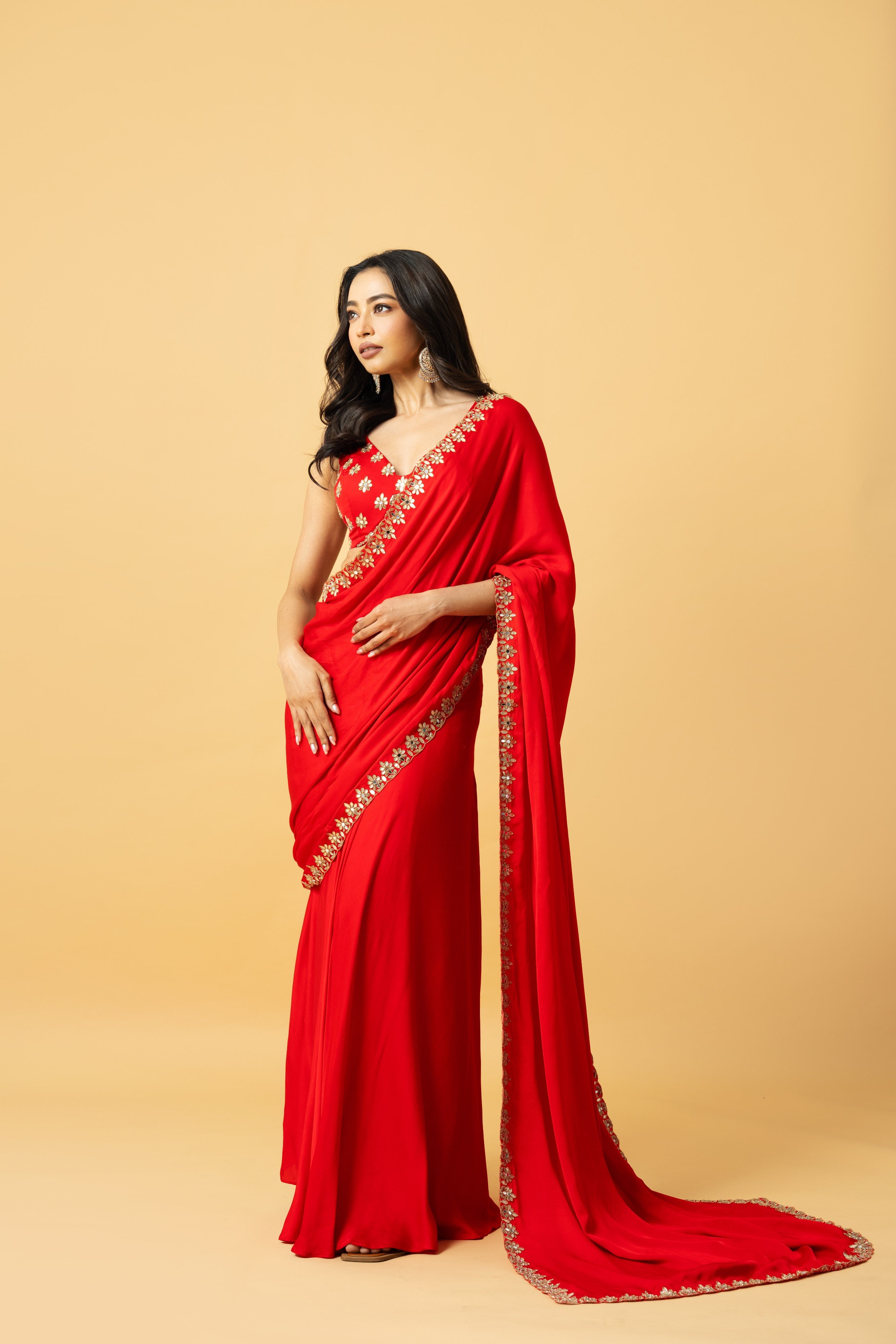 Red Modal Satin Saree with Hand-Embroidered Blouse