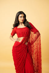 Red Soft Net Georgette Saree with Intricate Hand Embroidery