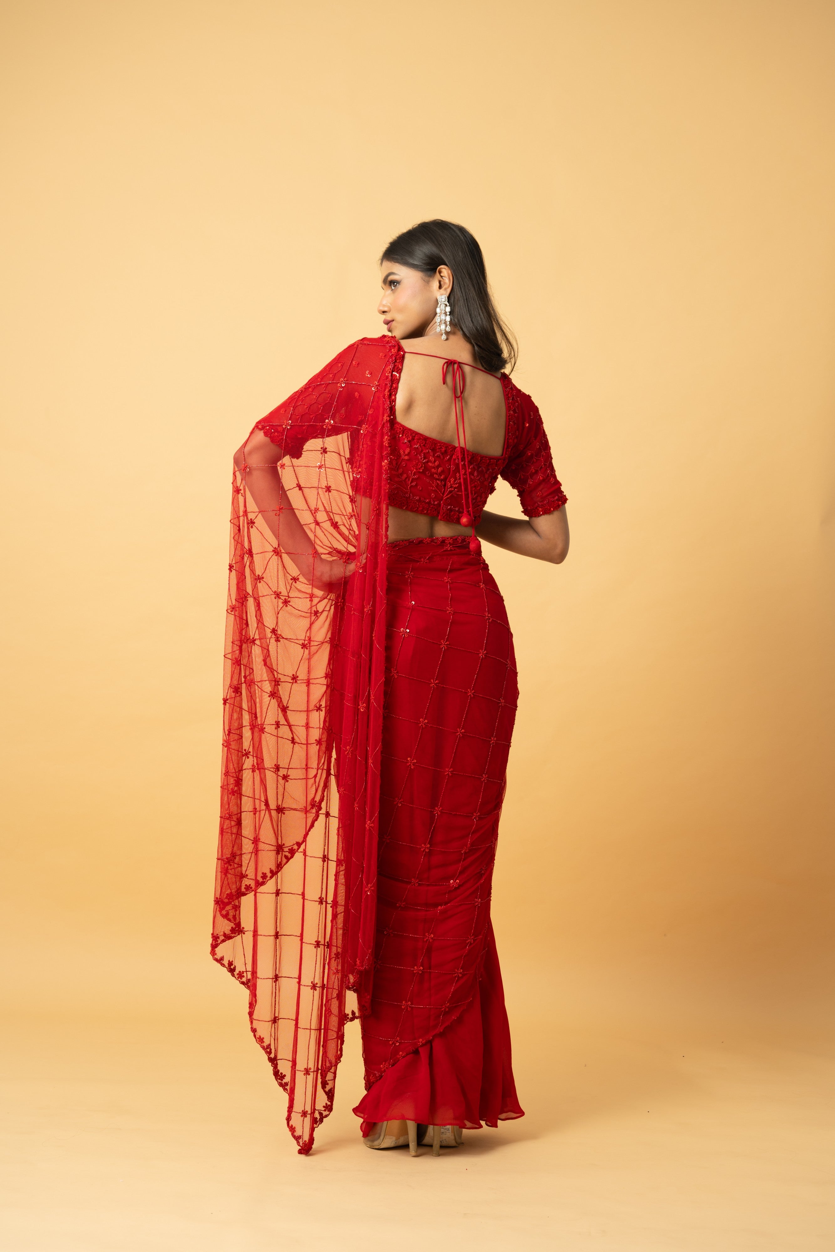 Red Soft Net Georgette Saree with Intricate Hand Embroidery