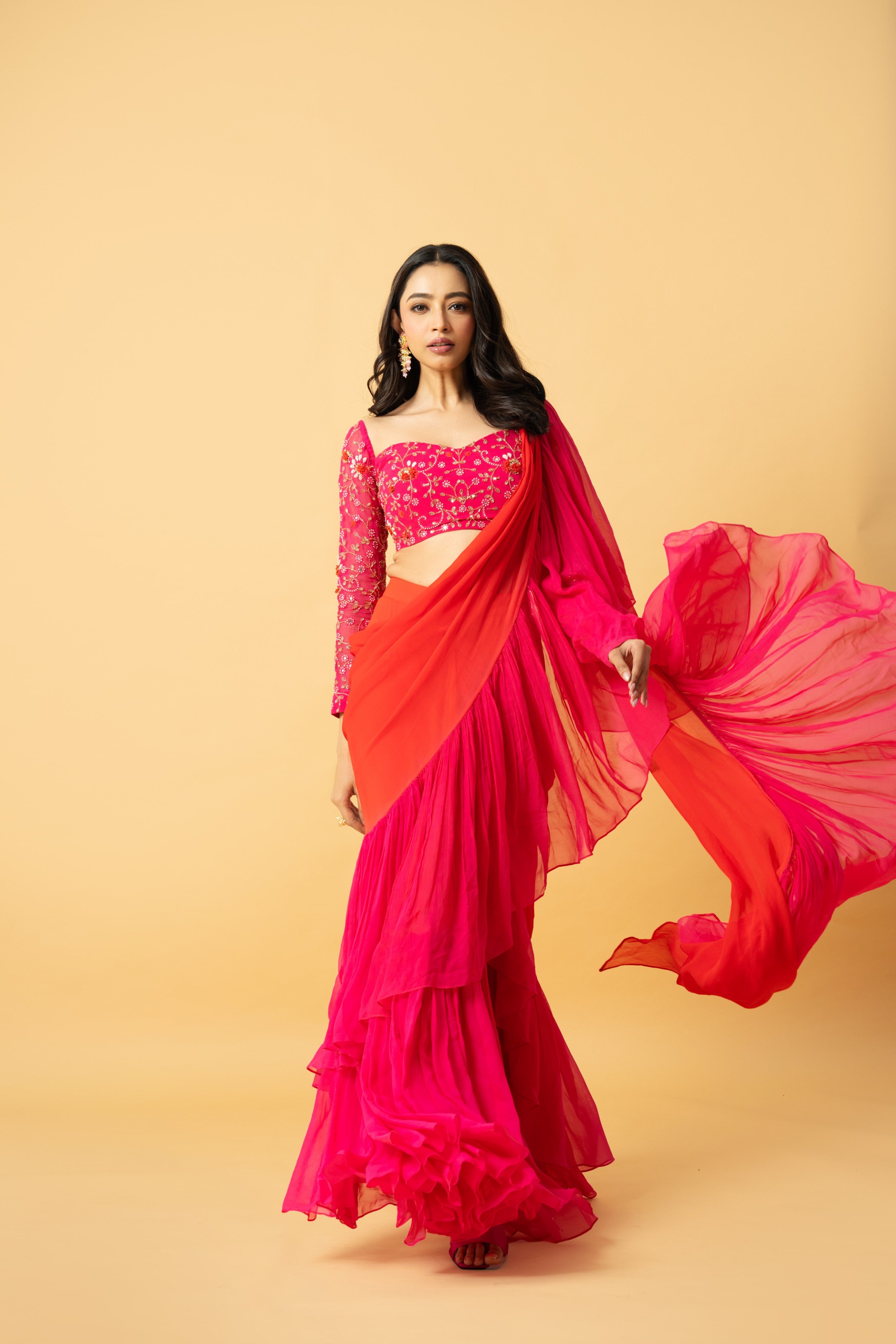 Pink & Orange Georgette Ruffle Saree with Hand-Embroidered Blouse