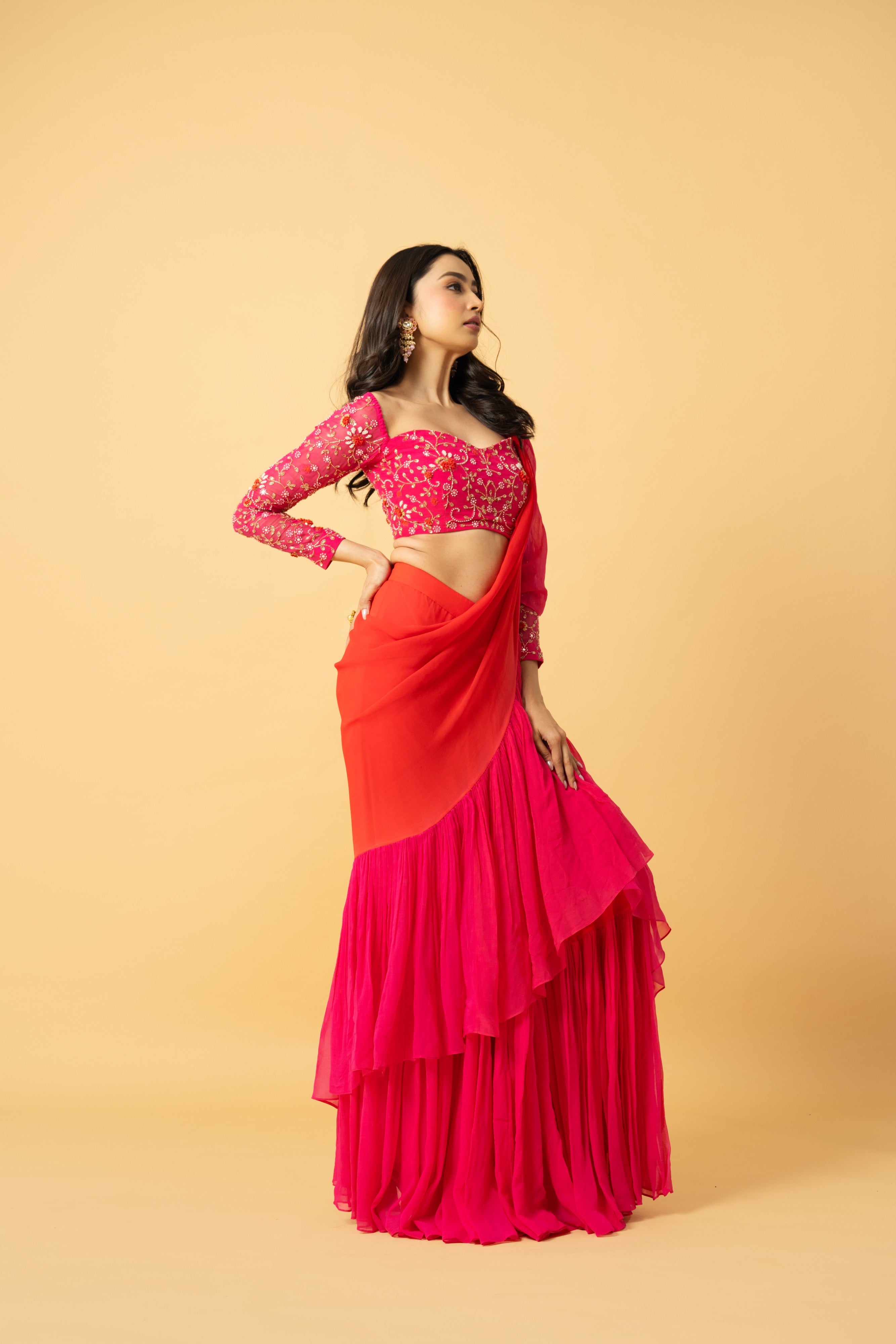 Pink & Orange Georgette Ruffle Saree with Hand-Embroidered Blouse