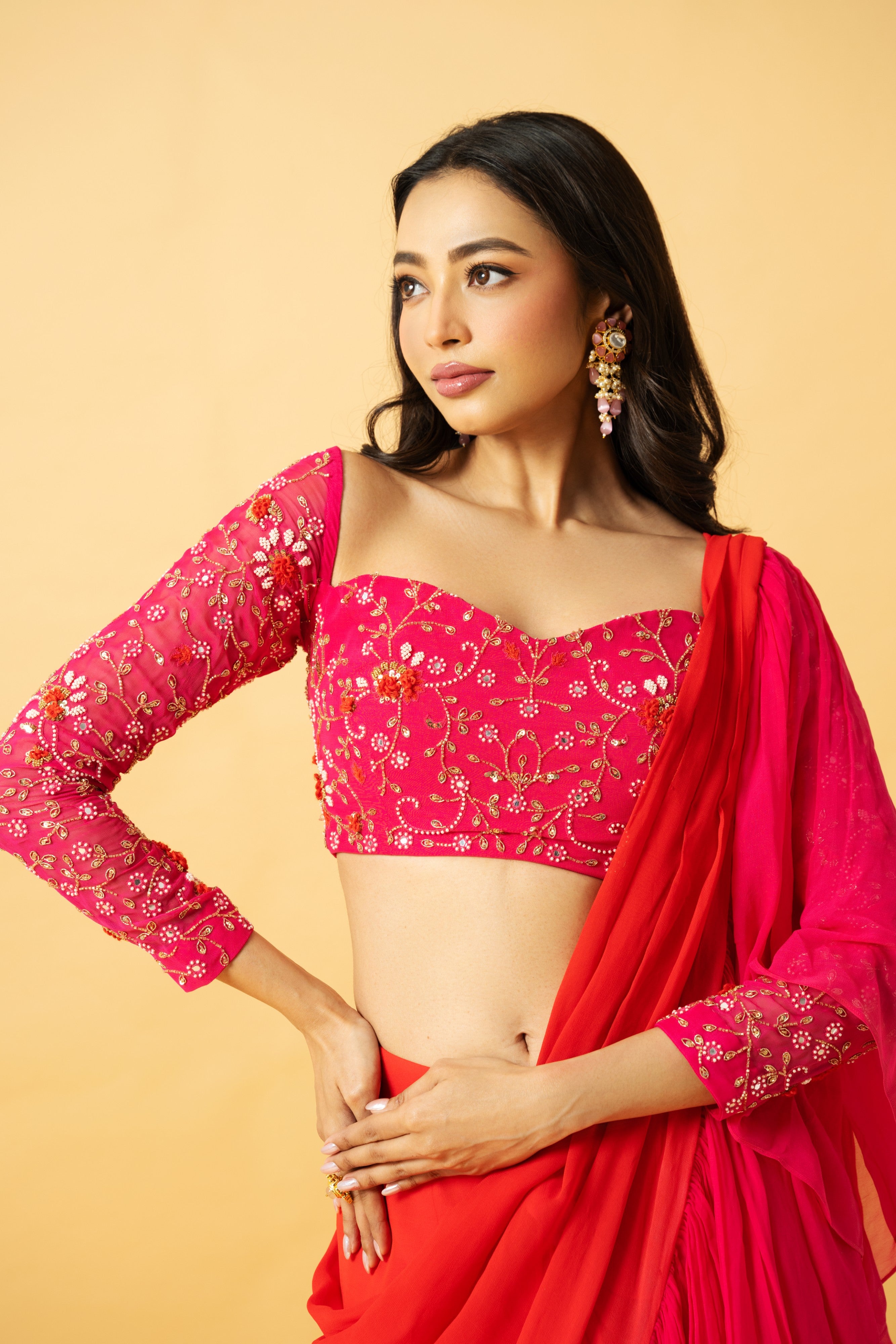 Pink & Orange Georgette Ruffle Saree with Hand-Embroidered Blouse
