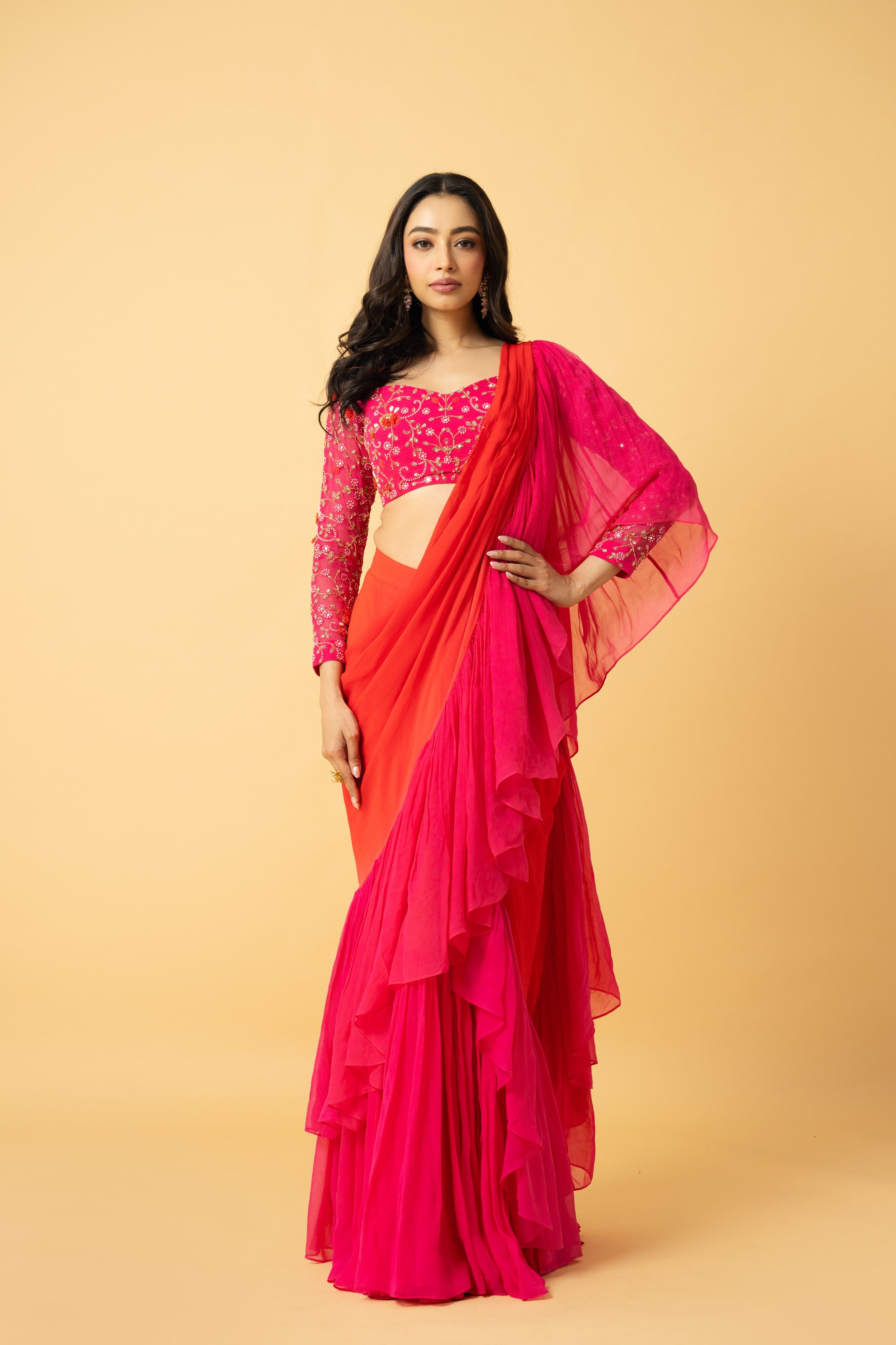 Pink & Orange Georgette Ruffle Saree with Hand-Embroidered Blouse