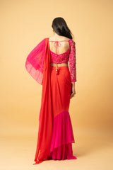 Pink & Orange Georgette Ruffle Saree with Hand-Embroidered Blouse