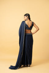Blue Modal Satin Pre-Draped Saree with Embroidered Blouse