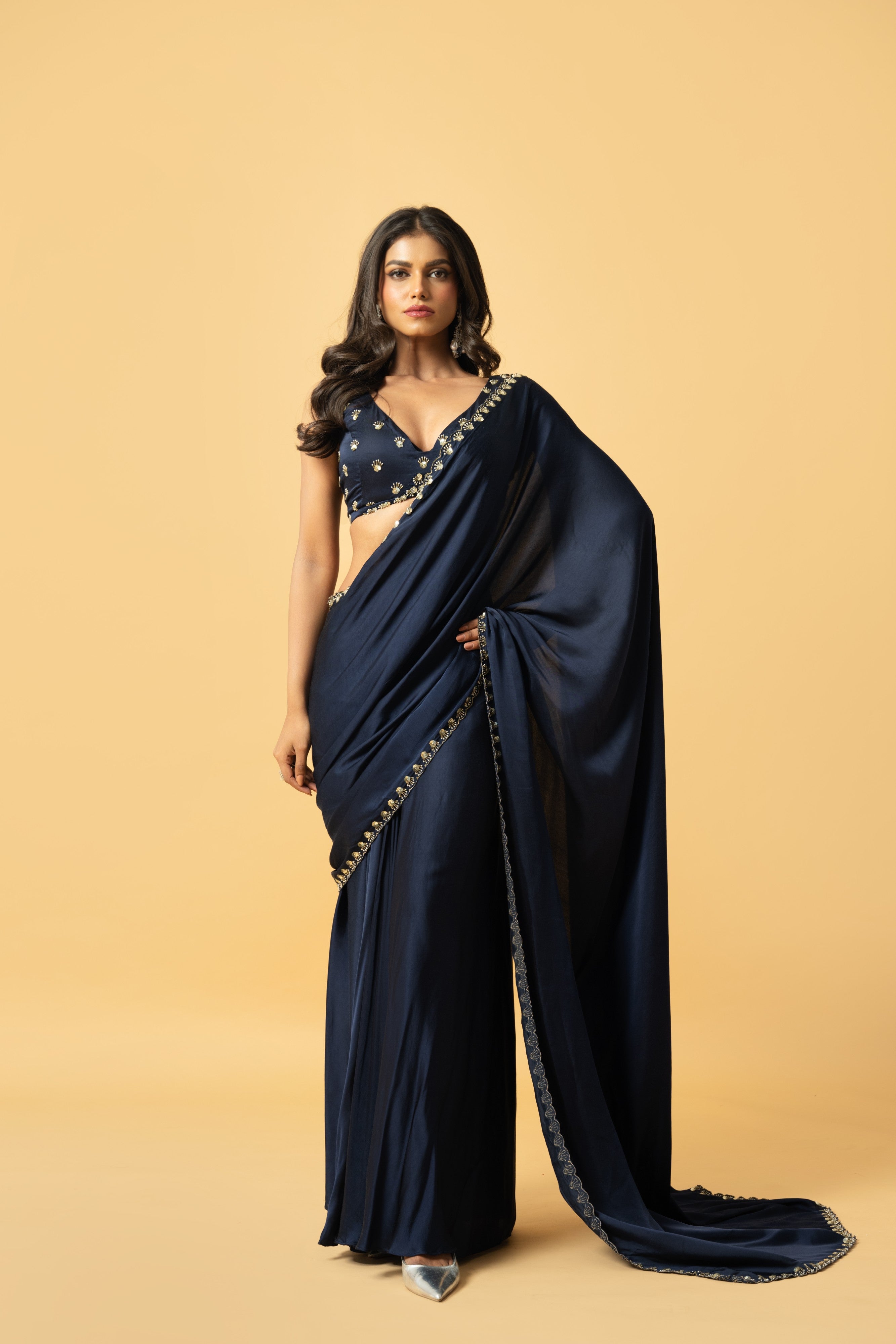 Blue Modal Satin Pre-Draped Saree with Embroidered Blouse