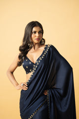 Blue Modal Satin Pre-Draped Saree with Embroidered Blouse
