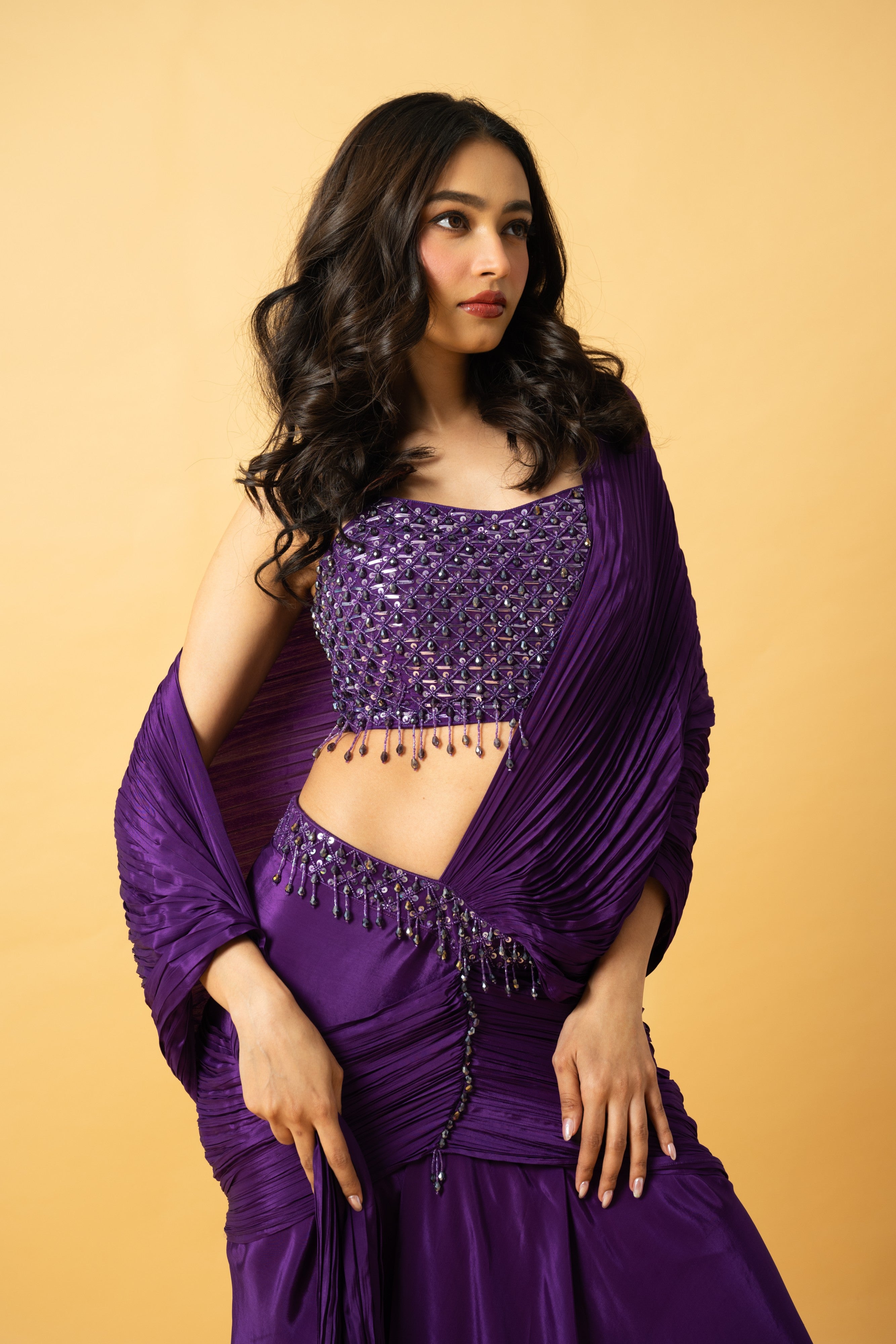 Violet crepe saree with hand embroidered sleeveless blouse