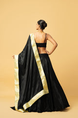 Black modal satin lehenga with golden lace in dupatta