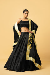 Black modal satin lehenga with golden lace in dupatta