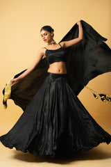 Black modal satin lehenga with golden lace in dupatta