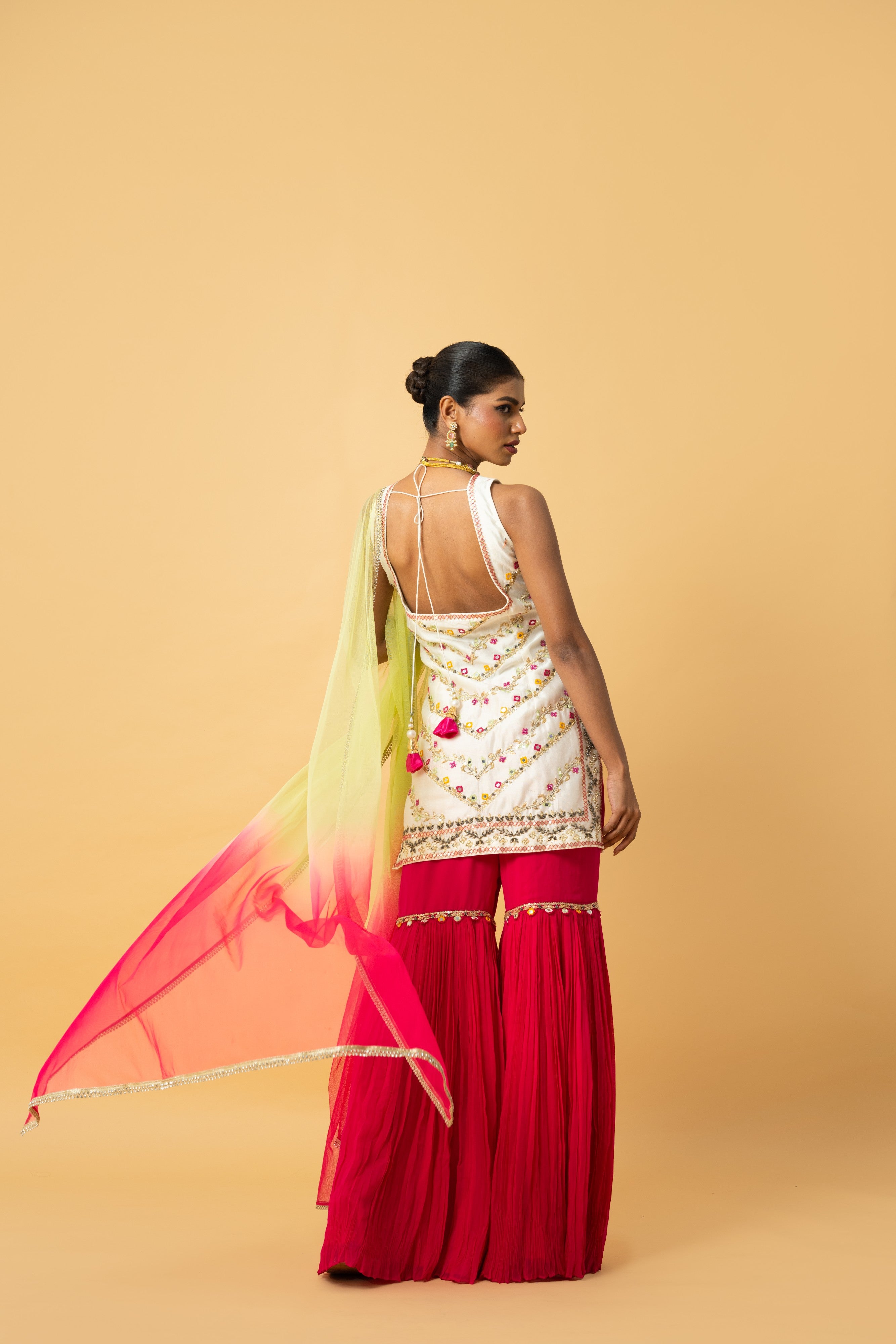 Ivory Kurta with Pink Sharara and Lime Green Dupatta